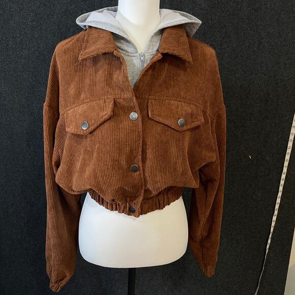 HYFVE Corduroy Cropped Jacket Brown Women’s Large Hoodie Layered Streetwear - Picture 1 of 16